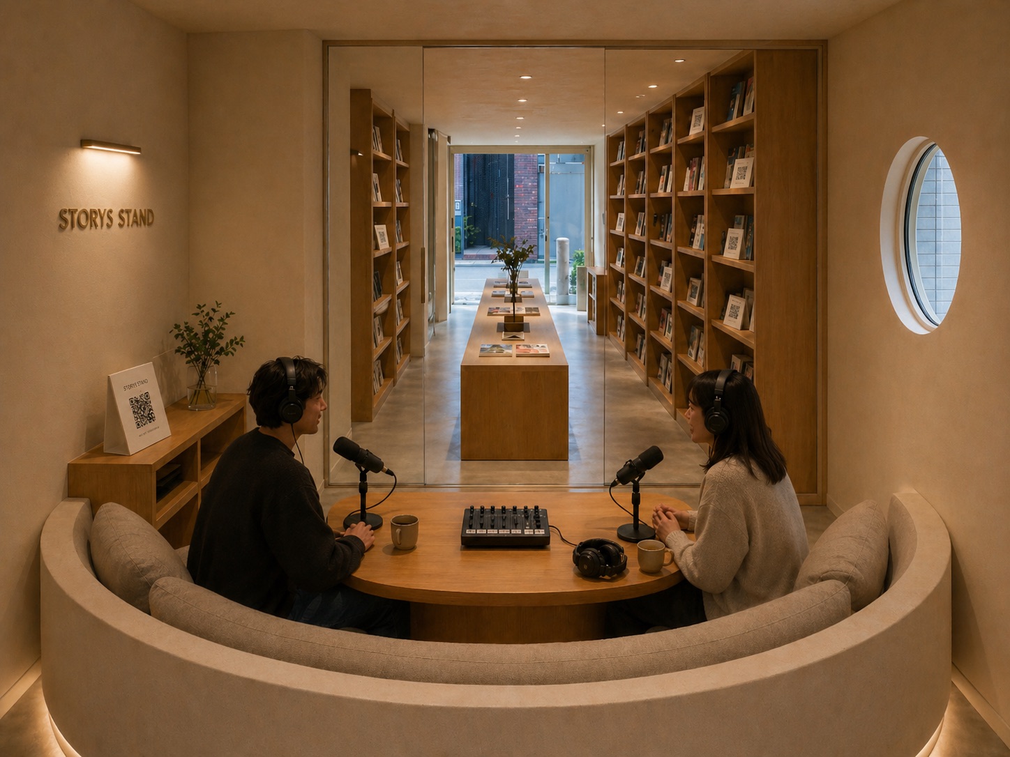 STORYS STAND 池尻大橋 — 収録スタジオ。本棚に囲まれた丸いソファで向き合い、Podcastを収録する空間